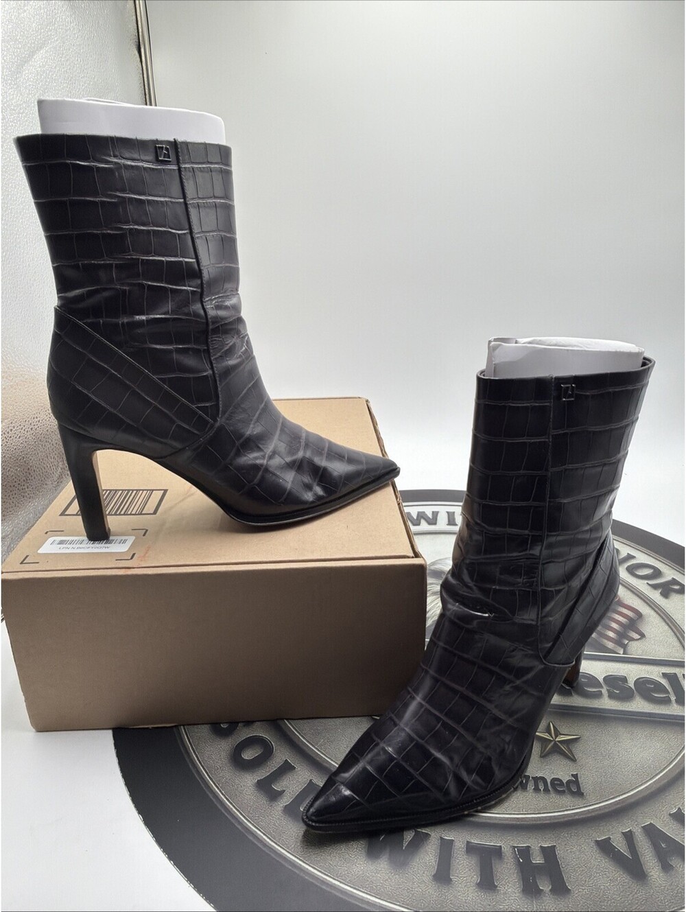 Franco Sarto Appia Pointed Toe Dress Booties Black Croc Print Leather 9.5 No Box
